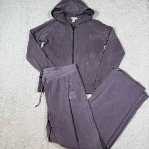 Y2K Vertigo Velour Tracksuit Set Women’s Purple Embroidered Zip Hoodie & Pants